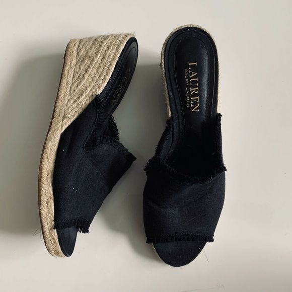 Ralph Lauren Carlynda Black Linen Slip On Wedges - Picture 2 of 7